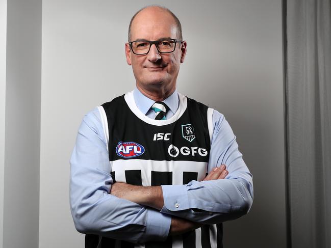 David Koch, Port Adelaide chairman, wearing the clubs black and white striped guernsey. The fight between Port Adelaide and Collingwood football clubs has heated up today with the fight over the wearing of the black and white guernsey referred to the AFL's legal department. Picture: Jonathan Ng