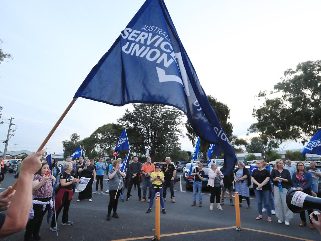 The Australian Services Union protested cuts to Geelong council jobs at the Geelong West Town Hall on Wednesday prior to the council meeting. Picture: Mark Wilson