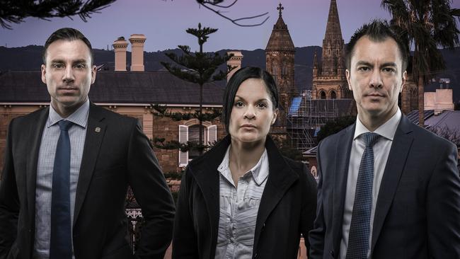 Special Crimes Investigation Branch detective sergeant Matt Lyons and detective brevet sergeant Chay Summers and former SCIB (now Police Corrections) detective brevet sergeant Michaela Tiss. Picture: Steve McCawley