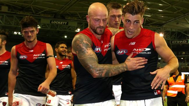 Jack Viney and Nathan Jones are the old and the new at Melbourne, and it’s working. Picture: Mark Dadswell