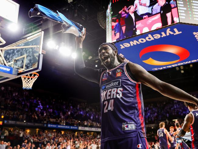 ADELAIDE, AUSTRALIA - DECEMBER 14: Montrezl Harrell of the 36ers celebrates the win during the round 12 NBL match between Adelaide 36ers and New Zealand Breakers at Adelaide Entertainment Centre, on December 14, 2024, in Adelaide, Australia. (Photo by Sarah Reed/Getty Images)