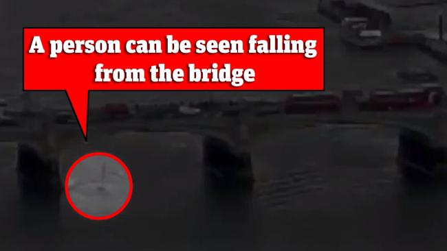 The moment a person is seen falling from the bridge and into the river. Picture: BBC