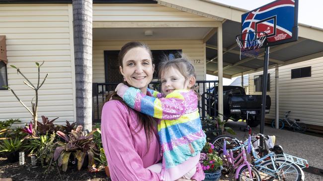 Lucille O’Brien and her daughter Evellyn, 4, at Brisbane Holiday Village, where they are living with her truck driver husband Kyle and their other three children. Picture: Matthew Poon.