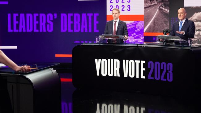 Chris Hipkins and Christopher Luxon in the first Leaders' Debate on TV1 19 September 2023 picture supplied credit: TVNZ