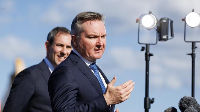 Energy Minister Chris Bowen and Treasurer Jim Chalmers at Ampol Oil refinery at Lytton. Picture: Lachie Millard