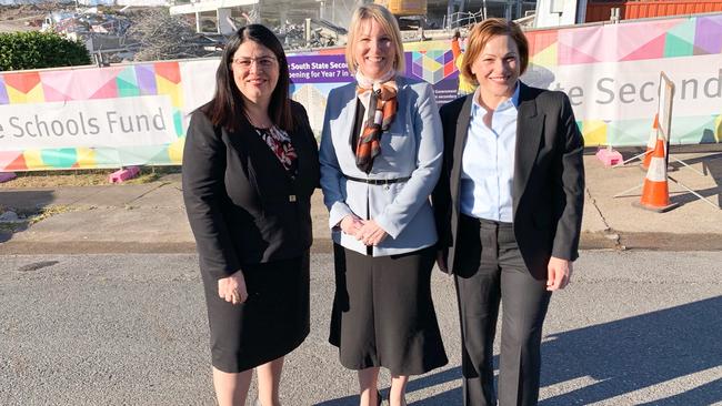 From left, Education Minister Grace Grace, Inner City South Secondary College principal Kirsten Ferdinands and Jackie Trad.