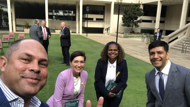 Cameron Costello with Arts Minister Leeanne Enoch at Parliament House.