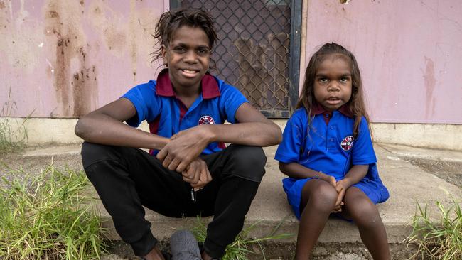 Darrius Watson, 13, and his brother Shamus Watson, 5, before the first day of school for 2023. Picture: Liam Mendes