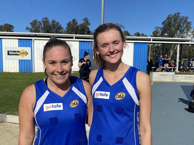 Liv Sinclair and Sophie Hanrahan after Round 6 of the Ovens and Murray Football Netball League. Photo: Hannah Davies.