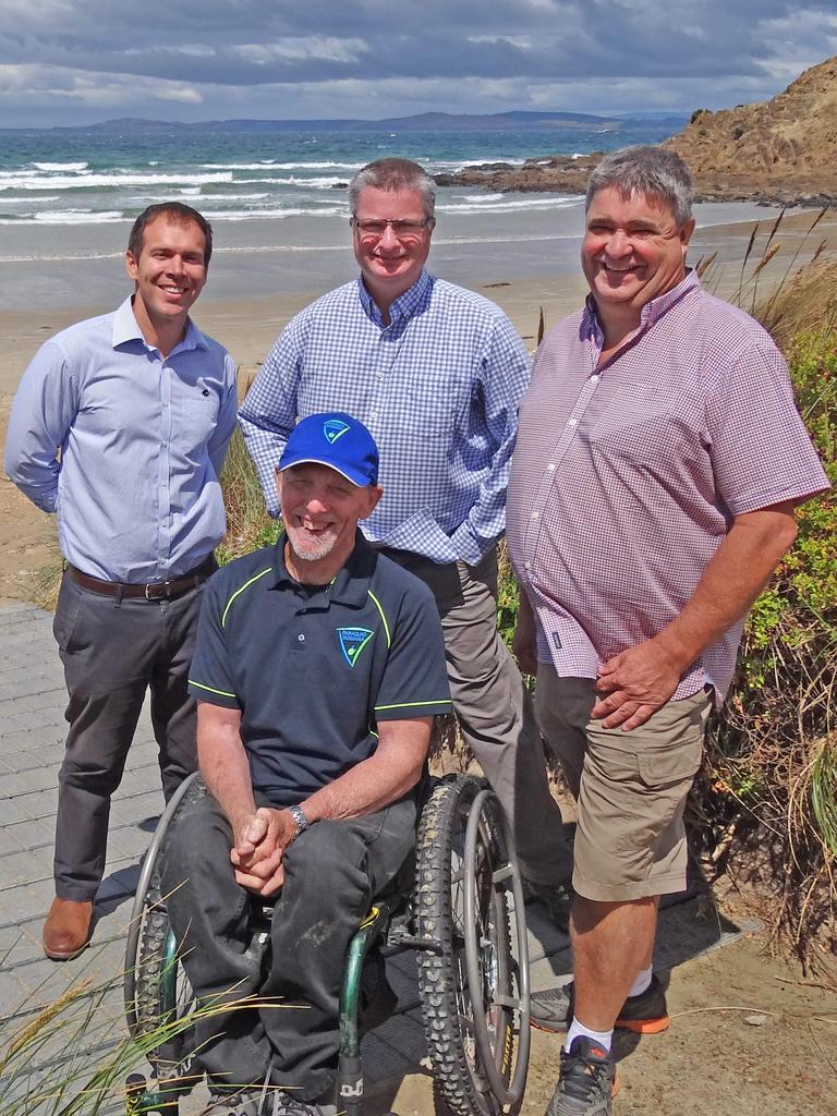 Project officer Paul Markey, Accessible Tourism Officer ParaQuad Tasmania Richard Witbreuk, Sorell Mayor Kerry Vincent with Physical Disability Sports Coordinator ParaQuad Tasmania Kevin Faulkner (in wheelchair). Picture: Supplied