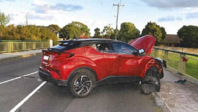 The mangled wreck of the Toyota CHR wagon unlicensed driver Mark Gilbert was driving when he collided with a runner and seriously injured her.