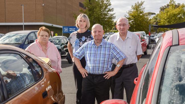 Lyn Kirkland, Allyson Soar, Alan Sears and Brian Dallow were some of the nearly 4000 residents who signed a petition opposing Westfield's plans for paid parking at Tea Tree Plaza in 2021. Picture: Brenton Edwards