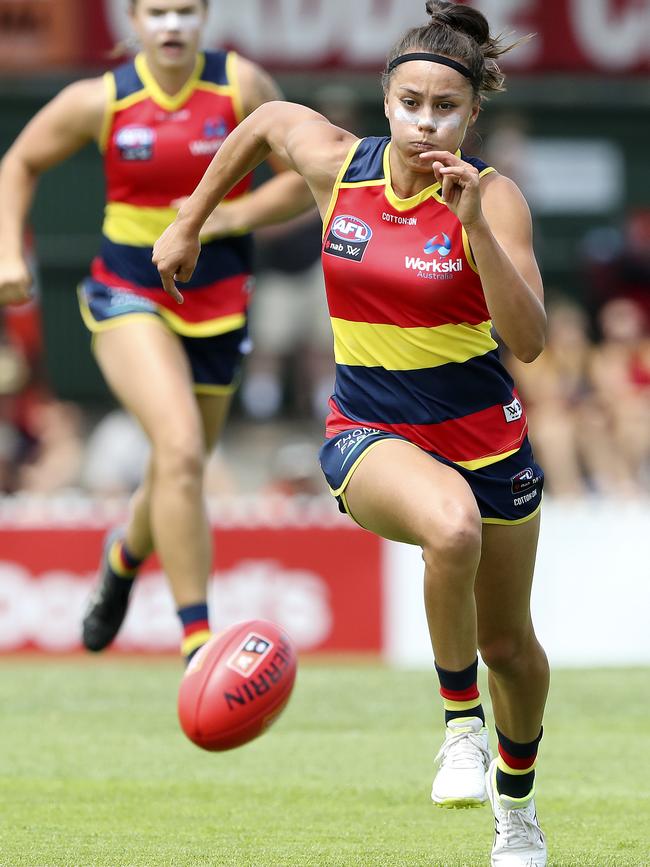 Justine Mules chases after the ball during the Adelaide Crows win over Geelong at Norwood Oval on February 17, in a game where she collected 15 disposals. Picture: SARAH REED