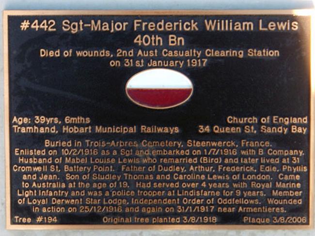 Sergeant-Major Frederick Lewis’ plaque on the Soldiers’ Memorial Avenue.