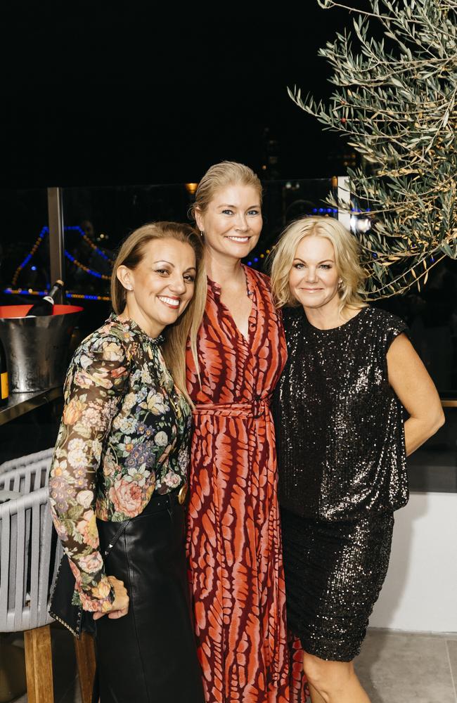 <p>Kristian Gambaro, Rebecca Mitchell and Kylie Gedoun at the launch party for Fortitude Valley’s Iris Rooftop Bar &amp; Restaurant on top of Hotel X. Pictures: Markus Ravik</p>