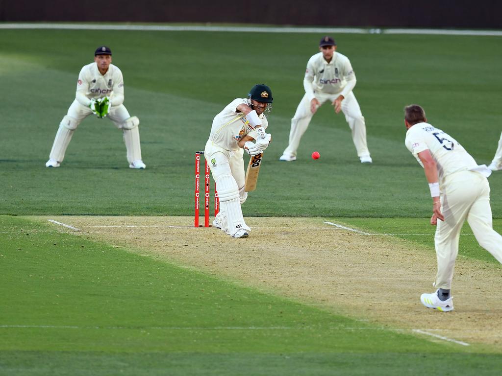 Whereas his innings in Brisbane was full of chances, David Warner looked more composed in Adelaide with his dismissal coming from one of the first loose shots in his innings. Picture: William West/AFP
