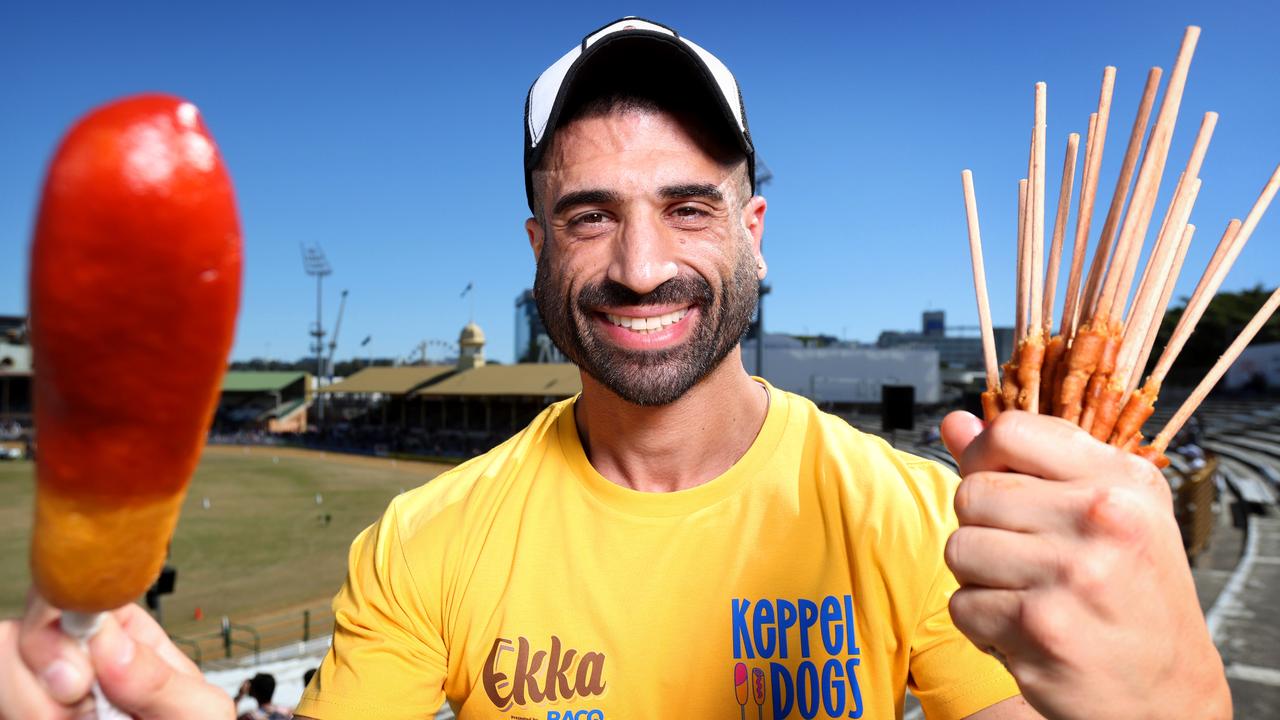 James Webb who ate 20 Dagwood Dogs in 5 minutes and 46 seconds to set a world record at the Ekka in Brisbane on August 20. Picture: Steve Pohlner