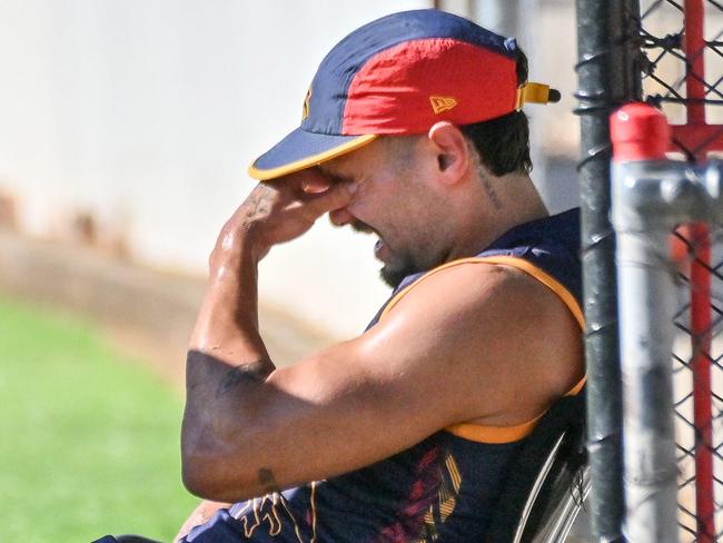 JANUARY 27, 2025: Izak Ranking injures his ankle at Crows training at Richmond Oval. Picture: Brenton Edwards