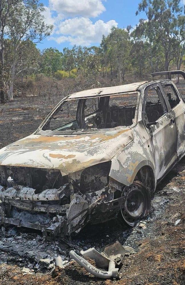 Charred remains: A new QCS work ute lies damaged after a routine burn-off at a Townsville low-security farm turned dangerous, reigniting in high winds on Wednesday, September 11.