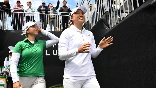 SAN FRANCISCO, CALIFORNIA - MAY 04: Stephanie Kyriacou (L) and Minjee Lee (R) of Team Australia approach the first tee during day one of the Hanwha LIFEPLUS International Crown at TPC Harding Park on May 04, 2023 in San Francisco, California. (Photo by Orlando Ramirez/Getty Images)