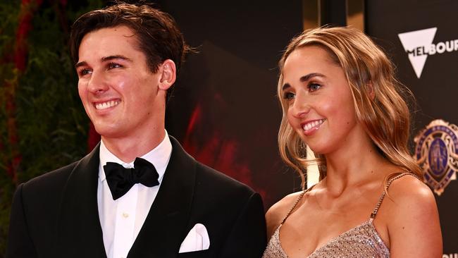 Connor Rozee and Maisie Packer arrive at the 2023 Brownlow Medal at the Crown Palladium on September 25, 2023. Picture: Quinn Rooney