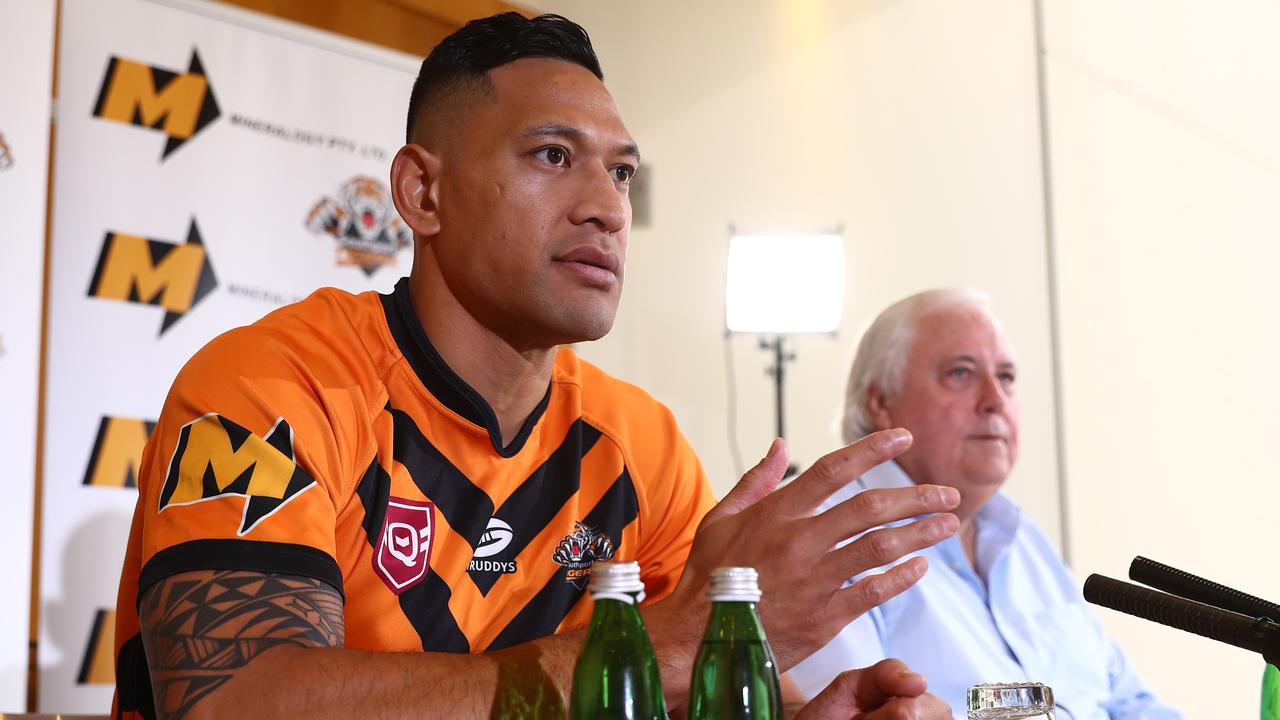 Israel Folau and Clive Palmer speak to the media during a press conference at the Hilton Hotel on May 21, 2021 in Brisbane, Australia. (Photo by Chris Hyde/Getty Images)