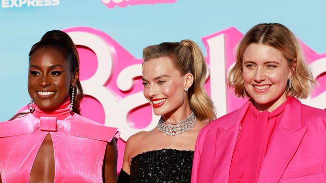 US actress Issa Rae (L), Margot Robbie (C) and director Greta Gerwig (R) arrive for the world premiere of 