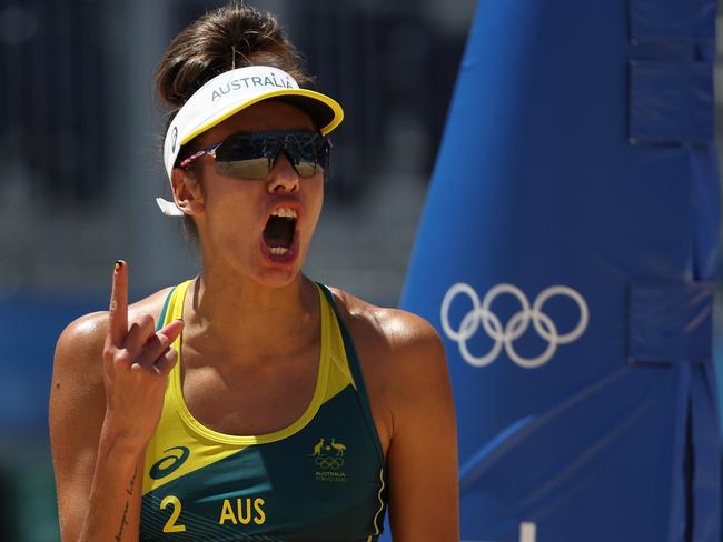 Taliqua Clancy #2 of Team Australia reacts while competing against Team United States during the Women's Gold Medal Match on day fourteen of the Tokyo 2020 Olympic Games at Shiokaze Park on August 06, 2021 in Tokyo, Japan. (Photo by Sean M. Haffey/Getty Images)