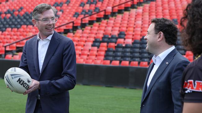 NSW Premier Dominic Perrottet announces funding for a new stadium at Penrith alongside. Stuart Ayres. Picture: NCA NewsWire