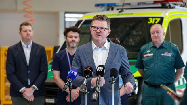 Health Minister Chris Picton, SAAS CEO Rob Elliott and new intern paramedics at the opening of the new Woodville ambulance station and new hospital avoidance hub. Picture: Russell Millard Photography