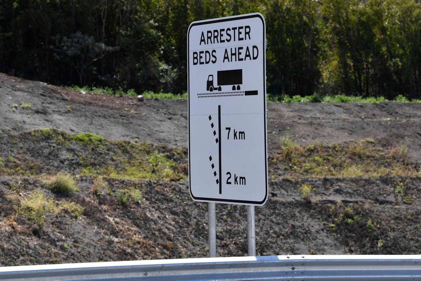 Arrester beds sign on the Toowoomba Second Range Crossing during media preview before opening, Friday, September 6, 2019. Picture: Kevin Farmer