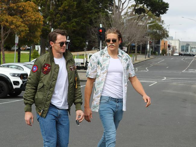 Patrick Dangerfield and Rhus Stanley arriving for the Cats Mad Monday. Picture: Alison Wynd