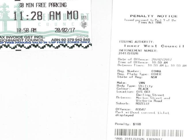 Shane McCarthy’s parking ticket, left, and the council infringement notice.