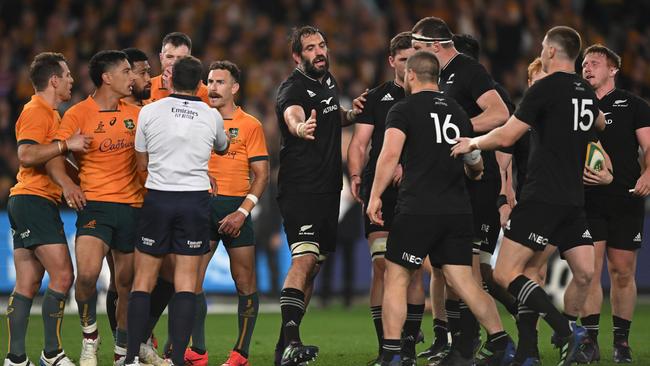 The Wallabies try to make sense of the referee’s call. Picture: Morgan Hancock/Getty Images