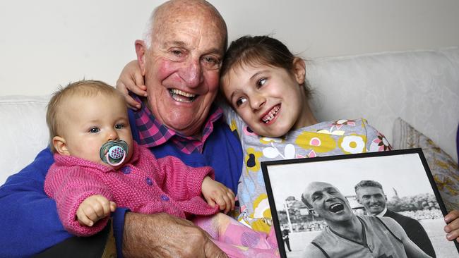 New Hall of Fame inductee John Halbert his grandchildren Alexa and Natalie Matthews, aged 7 years and 10 months respectively. Picture: Sarah Reed                        <a capiid="57d3d0408de9131f6e01c6d42638cac8" class="capi-video">'Love to see Blight elevated'</a>