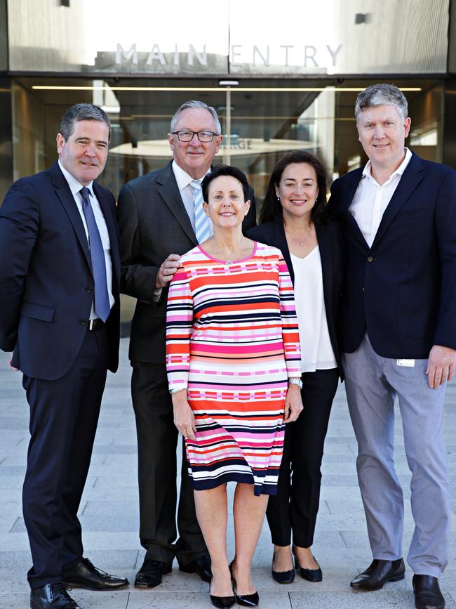 CEO of Healthscope Gordon Ballantyne, MP Brad Hazzard, CEO of NBH Deborah Latta, Surgeon Stuart Pincott and Medical Director of NBH Louise Messara out the front of the new Northern Beaches Hospital. Picture: Adam Yip