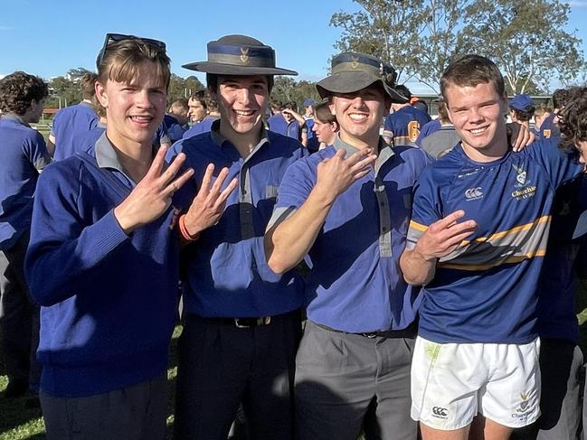 Mac Kelley and friends celebrate his three tries.