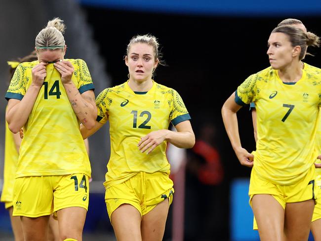 MARSEILLE, FRANCE - JULY 31: Alanna Kennedy #14 of Team Australia shows her dejection after losing the Women's group B match between Australia and United States during the Olympic Games Paris 2024 at Stade de Marseille on July 31, 2024 in Marseille, France. (Photo by Alex Livesey/Getty Images)