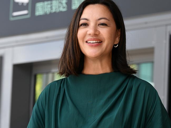 Queensland Airports Ltd CEO Amelia Evans in front of the Gold Coast Airport international arrivals area.