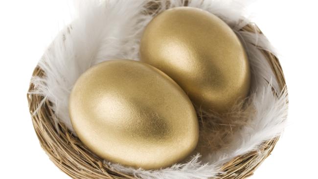 Two gold eggs in a nest of feathers isolated on white background.  Focus is on the left front egg.