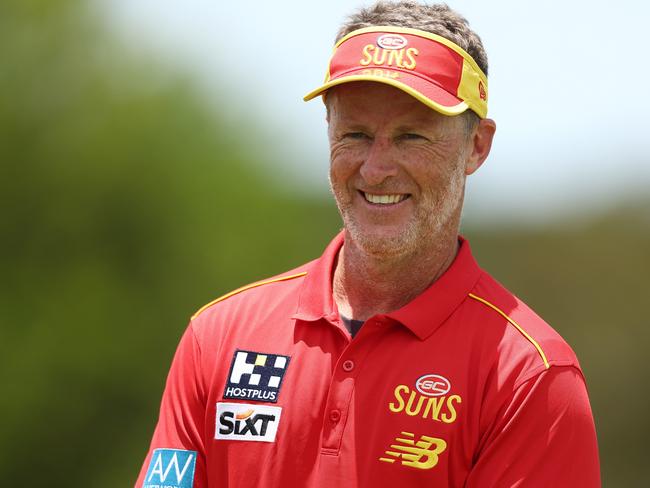 GOLD COAST, AUSTRALIA – NOVEMBER 27: Head Coach Damien Hardwick speaks to the media during a Gold Coast Suns AFL training session at Heritage Bank Stadium on November 27, 2023 in Gold Coast, Australia. (Photo by Chris Hyde/Getty Images)