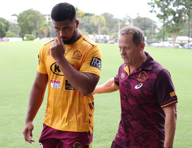 Payne Haas and coach Kevin Walters prepare to face the media. Picture: Peter Wallis