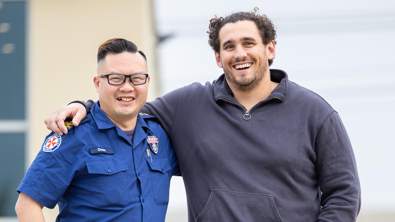 Paramedic Dominque Wong saved Paris Cockinos life when he was injured in a motorcycle accident. They are now encouraging people to donate blood to help save others in need of blood transfusions. Picture: Thomas Lisson