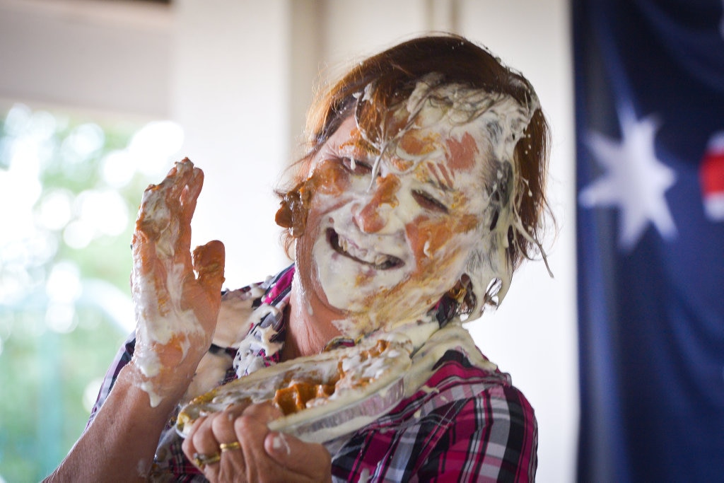 Principal Pauline PorchPIE IN THE FACE - Mt Larcom State School raises money for drought relief. Picture: Mike Richards GLA140918PIEF