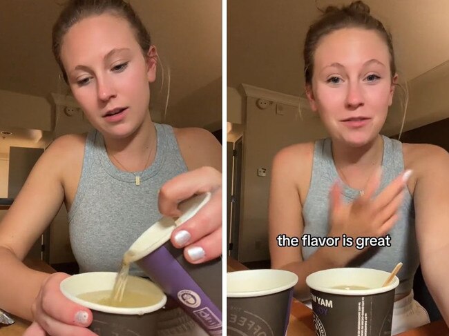 A flight attendant has been mocked online for her “embarrassing” hotel drink “hack”.