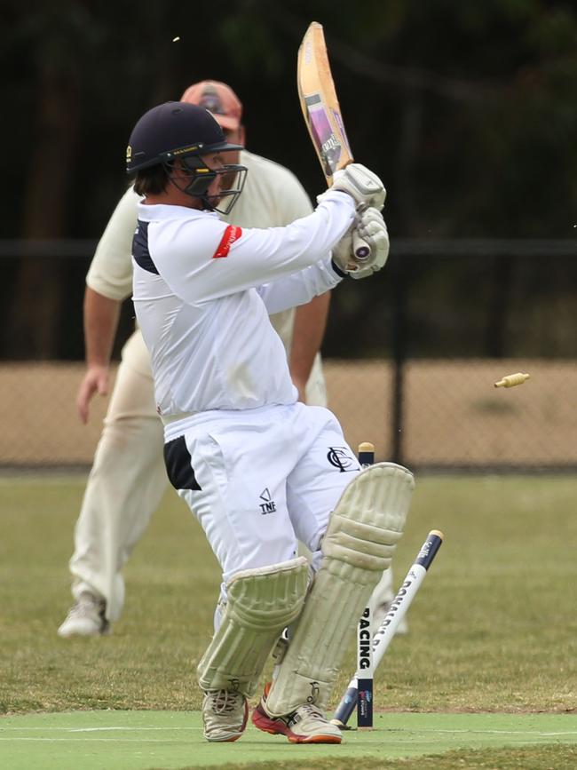 DVCA: Epping’s Shanon Kearney has his stumps smashed. Picture: Stuart Milligan