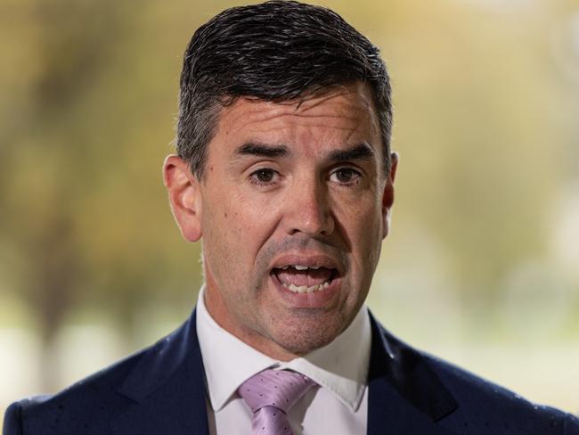 MELBOURNE, AUSTRALIA - NewsWire Photos - 15 FEBRUARY, 2025: Victorian Opposition Leader Brad Battin speaks to the media at Jensen Reserve in Footscray. Picture: NewsWire / Diego Fedele