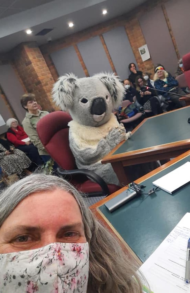 Burribi the koala sat silent during their public access statement against the Eastwood Estate, here with Councillor Vanessa Ekins who voted against the development. Picture: Vanessa Ekins Facebook