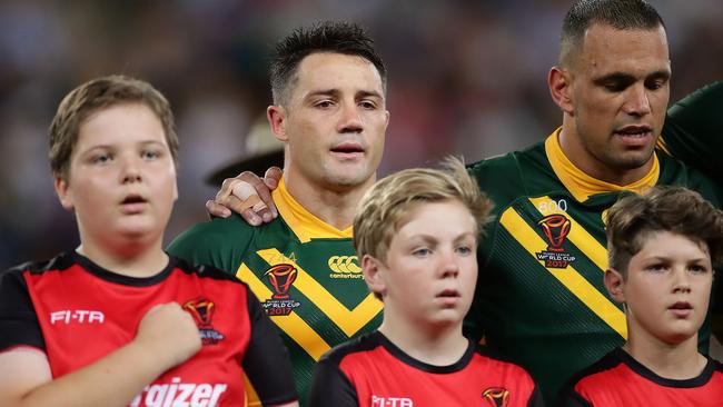 Cooper Cronk sings the national anthem before his 38th international.