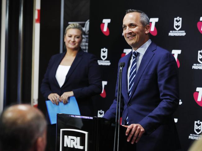 WEEKEND TELEHGRAPH - 11/6/21NRLW launch season 2021 at NRL HQ in Moore Park today. Andrew Abdo speaks to the audience. Picture: Sam Ruttyn